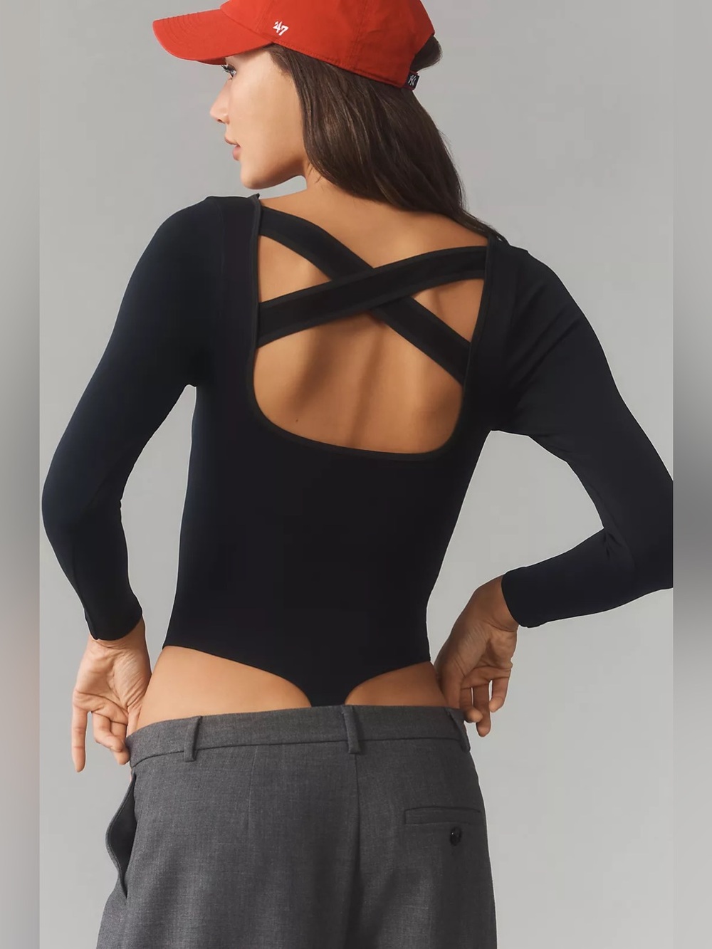 By Anthropologie The Viviette Black Long-Sleeve Criss Cross Back Bodysuit
